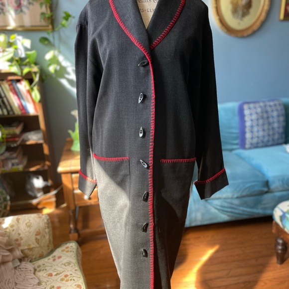 Dana Buchman button down dark gray with red trim light wool long spring jacket - Picture 10 of 14